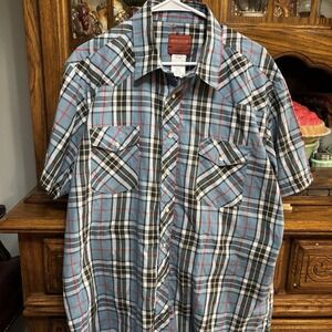 Rustler Men's Western‎ Short Sleeve Shirt Blue Plaid Pearl Snap XL Pockets